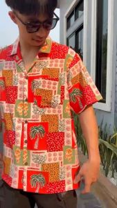 เสื้อเชิ้ตฮาวาย วินเทจ ผ้าไหมอิตาลี เสื้อสงกรานต์ เสื้อลายดอก สงกรานต์ เล่นน้ำ ทะเล F58