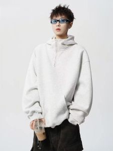 Áo Nỉ Cổ Cao Màu Trơn Khóa Kéo Nam Dáng Rộng Thời Trang Thu Đông 2025 Phong Cách Nhật Bản Quần Áo Thường Ngày