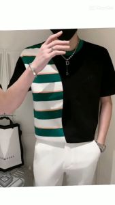 Áo thun áo thun nam ngắn tay phối màu kẻ sọc cổ tròn nam ngắn tay rộng rãi - mã H72