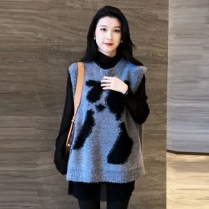 เสื้อกั๊กถักสีดำ แขนกุด พิมพ์ลาย แฟชั่นฤดูใบไม้ร่วง 2025 เสื้อผ้าผู้หญิงไซส์ใหญ่ เสื้อผ้าผู้หญิงสไตล์ยุโรป เสื้อผ้าผู้หญิง