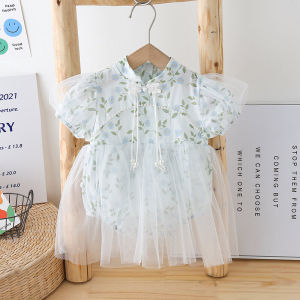 Váy Mùa Hè Cho Bé Gái Phong Cách Cổ Điển Tay Bồng Ren Hoa Váy Qipao Hanfu Váy Cotton Dài Vừa Phải Cho Bé Gái