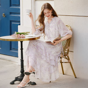 XIANGYING | V-Neck Ruffle Waist-Slimming Chiffon Dress Purple Floral