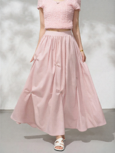 KEIKO | Autumn Pink Beaded Bow Lightweight Drapey Micro-pleated Textured A-Line Midi Skirt
