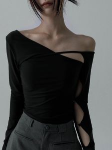 Áo Thun Nữ Tay Dài Không Đều Gợi Cảm Hở Vai Mùa Hè Cổ Đứng Ngắn Đa Năng Chất Liệu Cotton Pha Trộn Thường Ngày Thời Trang Thu Đông