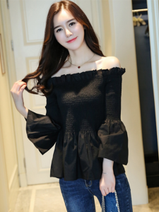 Fashionable One-Shoulder Bell Sleeve Chiffon Top Womens Spring Autumn New Style Doll Shirt Exposed Shoulder Waist Cinching
