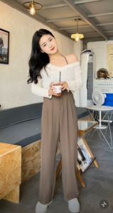 ACHS Women Trouser Office Straight Cut Flare Pants blackpink wide leg pants