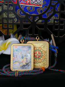 Nine Tail Fairy Fox Tibetan Thangka Human-Shaped Fox Pendant Hand Painted Golden Outline Titanium Steel Birthday Gift for Girlfriend and Wife