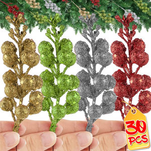\ud83c\udf84Ready Stock\ud83c\udf8430PCS Artificial Glitter Berries Branch Gold Powder Xmas Tree Red Holly Berry Flowers Fake Plant Christmas Party Ornaments Home Decors