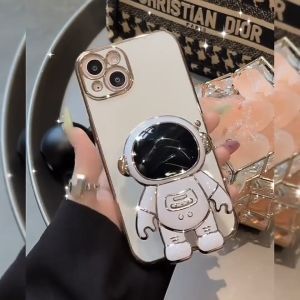 MHKEID Casing Ponsel untuk Samsung A12 5G M12 F12 A11 M11 Case lucu kartun astronot dudukan ponsel Casing Plating HP ponsel lipat kamera pelindung Kesing anti guncangan Softcase