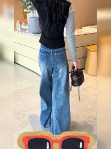 Celana Denim Longgar Biru Tua Retro Korea: Celana Kaki Lebar Kasual Modis