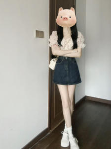 Summer Clothes Matching a Set of Small People Preppy Style Fancy Chic Sweet and Spicy Tops Denim Skirt Two-piece Set