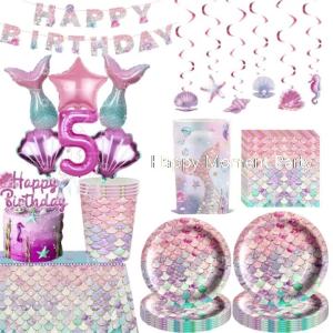 Miniso | Mermaid Birthday Party Decorations Tableware Tablecloth Plate Cup Napkin Hanging Banner Gift Bags Mermaid Party Favors Supplies