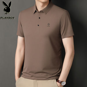 Playboy Short Sleeve T-Shirt Men Summer Ice Silk Seamless Clothing for Middle-Aged Dad Business Lapel Polo Shirt Tops T