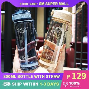 【Large Capacity】800ML Portable Water Bottle Pop-up with Straw and Scale Carry Strap for Sports Gym Leak-Proof BPA-Free Workout Camping Outdoor Accessories