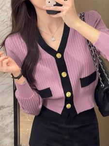 V-Neck Knitted Open Cardigan Womens Fashion Purple Sweater Autumn Winter New Arrival Beige Style Short Length Slim Fit Top