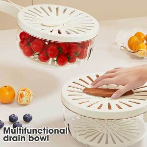 Keranjang Tirisan ที่มีฝาปิดผลไม้ล้างข้าว Keranjang Tirisan ชามที่จัดเก็บในตู้เย็นตะกร้าพร้อมที่จับชั้นวางของในครัวบ้าน