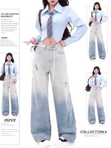 MZVZ | Retro Gradient Blue Embroidered Womens Wide Leg Jeans