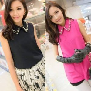 CFBOUTIQUE Korea Summer Sleeveless Glitter Beads Collar Blouse