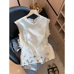White Round Neck Spliced Design Summer Vest Top for Outerwear