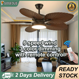 Gogeous ceiling fan with light tricolor dimming 6-speed wind ceiling fans with light 52 inch 5 blades vintage ceiling fan with lights and remote retro fan light with dc motor for living room dining room bedroom