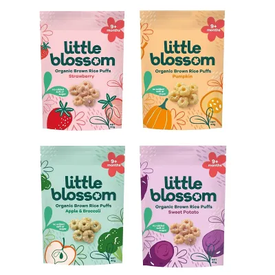 Little blossom organic brown rice cereal pumpkin baby bites baby nibbles flower petal biscuit melt in your mouth baby teething biscuit snacks assorted flavours