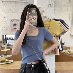 Áo Thun Nữ Tay Ngắn Cổ Vuông Ôm Vừa Vặn Mùa Hè Màu Trơn Cạp Cao Đa Năng Thời Trang Thường Ngày Bằng Vải Polyester