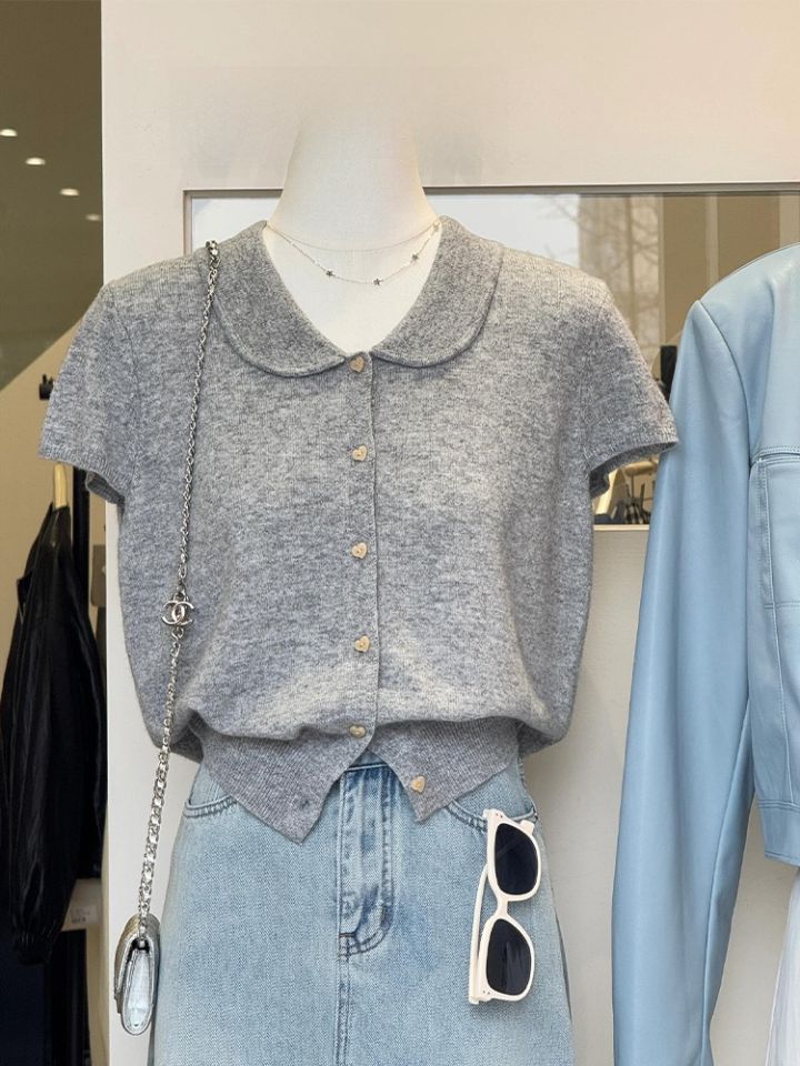 Anti-Aging Doll Collar Short Sleeve Knitted Top Womens Fashion Shoulder-Length Summer T-Shirt Casual Loose Fit Solid Color