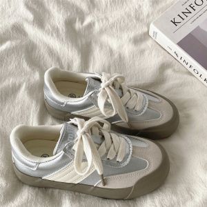 Silver Retro Dequn Shoes Womens Casual Sports Shoes Spring Autumn Thick Bottom Flat Shoes Comfortable Breathable Mesh Inner