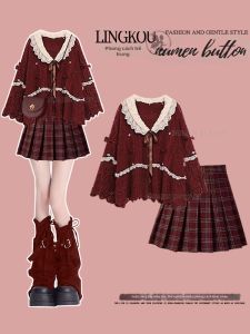 NUMEN BUTTON | Bộ Áo Len và Chân Váy Đỏ Elegent Dành Cho Giáng Sinh eo Cao