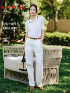 EP YAYING Womens Workwear Jeans Long Velvet Cotton White Straight Leg Denim Pants Loose Fit Natural Waist Full Length Zipper Closure