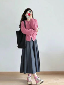 Gray Woolen A-Line Mini Skirt Women plus Size Belly Covering Slimming Midi Skirt Pear Shaped Body Pleated Skirt City Commute