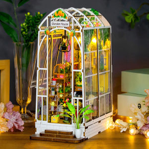 DIY Garden House Book Nook Shelf Insert Miniature Building Kits Wooden Flower Garden Room Bookshelf with LED Lights DollHouse