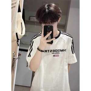 American Fashion Brand Stripes Patchwork Mens Short Sleeve Summer Heavy Weight Pure Cotton T-Shirt Junior Wear Raglan Sleeve T-shirt