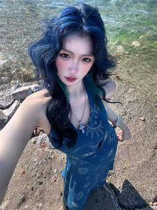 French Vintage Print Halter Vest Dress Summer Vacation Style Gather Waist V-neck Long A-line Skirt Womens Summer Dress