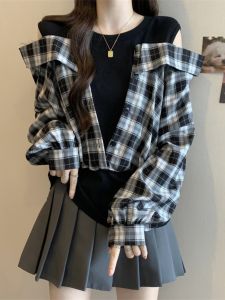 plus Size Retro Plaid Long Sleeve Shirt Womens Design Slimming Waist High Waist Korean Style Hollow out Polyester Cotton Blend