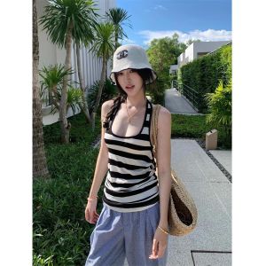 Áo Ba Lỗ Cổ Trễ Kẻ Sọc Đen Trắng Phong Cách Đường Phố Mỹ Dành Cho Nữ Mùa Hè Thiết Kế Gợi Cảm Áo Vest Nữ Pure Desire Hot Bé Gái