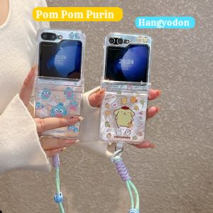 Sanrio | Kawaii Sanrio Glitter Purin Hangyodon Phone Case For Samsung Galaxy Z Flip 8 7FE 6 5 4 Anti-lost Wrist Strap Hinge Protect Cover