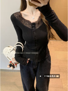 Miu Style Lace Splice Ruffle U-Neck White Flocking Base Shirt Women Winter Pure Desire Inner Wear T-Shirt BM Style Top
