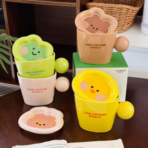 Cute Brown Bear Ceramic Mugs with Lid High Aesthetic Breakfast Cups for Couples Home Use Oats Coffee Drinking Water