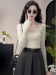 chaqi | Áo len dệt kim cổ polo dài tay thời trang thu đông cho nữ Áo len cardigan ngắn ôm vừa vặn chất lượng cao cấp