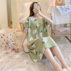 Lightweight Cotton Silk Sleep Dress Short Sleeve Home Skirt Womens Summer Fashionable Print Comfortable Breathable Nightgown