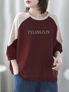 Loose Fit Pure Cotton Summer Casual T-Shirt round Neck Short Sleeve Printed Spliced Color Women Anti-Aging Top Korean Style