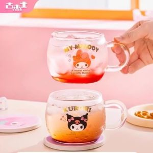 For Sanrio Glass Cups Transparent Coffee&Milk Mugs Cartoon 400ML Hello kitty Water Cups with Handle Home Breakfast Drinkware