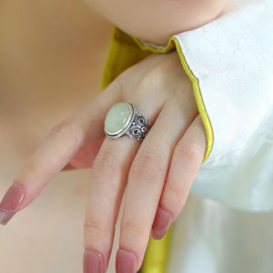 925 Silver Vintage Chinese Style Turquoise Egg Shape Ring Adjustable Open Design for Women Good Luck Cloud Pattern Simple