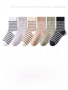 JINGCHI | Womens Striped Cotton Socks Pure Cotton Mid-Calf Anti-Odor Spring Autumn Style Korean College Fashion Ladies Sweat Absorbent