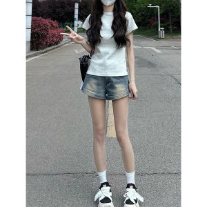 กางเกงขาสั้นยีนส์ทรงเอเอวสูงสำหรับผู้หญิงในช่วงฤดูร้อน กางเกงขาสั้นทรงเอขากว้างเอวยางยืด กางเกงขาสั้นทรงเอเอวสูงทรงสลิมฟิตสำหรับผู้หญิง