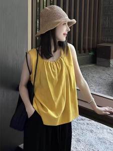 เสื้อเชิ้ตแขนกุดคอปกกลมหลวมๆ สำหรับผู้หญิงในช่วงฤดูร้อนปี 2024 เสื้อเชิ้ตทรงสลิมฟิตลำลองสำหรับผู้หญิงขนาดเล็ก