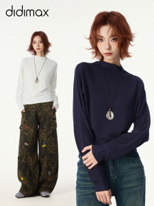 เสื้อเชิ้ตคอสูงครึ่งตัวสีน้ำเงินสำหรับผู้หญิงในฤดูหนาว แขนยาว ทรงพอดีตัว ทรงหลวม ผ้าโพลีเอสเตอร์ ผ้าฝ้ายผสม