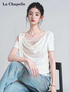 La Chapelle | Irrregular Strap Off-shoulder Body Slimming Lace-up Puffed Mesh Splice False Two-piece T-shirt