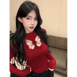 Red Embroidered Short Sleeve T-Shirt Womens Spring Design Butterfly Hollow out Slim Fit High Collar Top Korean Style Pure Color